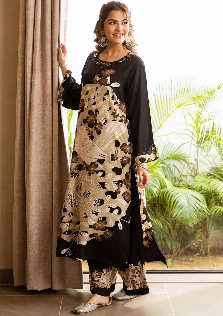 Black Printed Blended Kurta Set - Indya