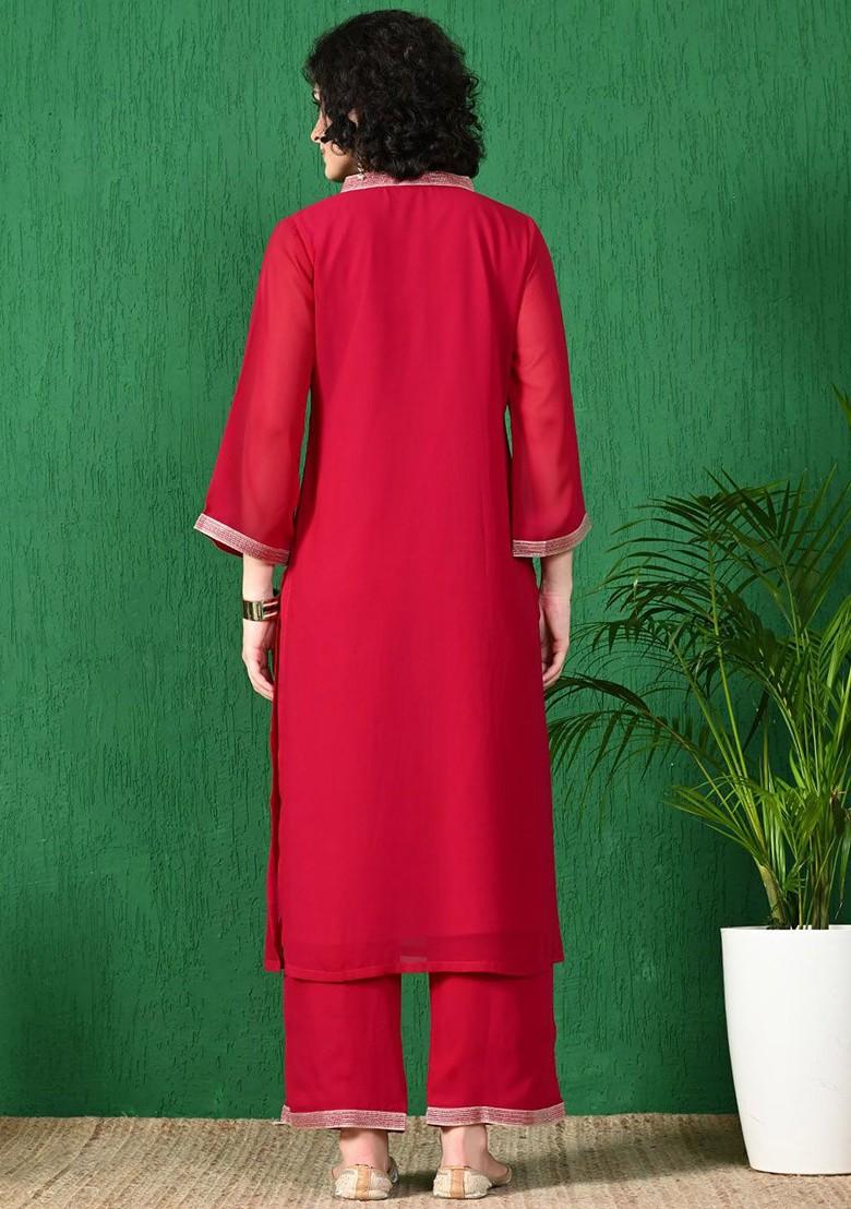 Fuchsia Solid Blended Kurta Set - Indya