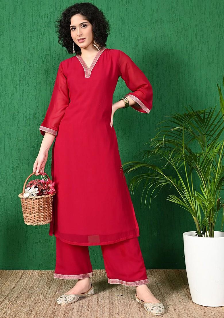 Fuchsia Solid Blended Kurta Set - Indya