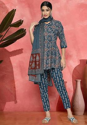 Navy Blue Printed Blended Kurta Set