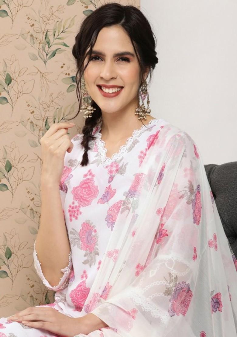 White Printed Blended Kurta Set - Indya