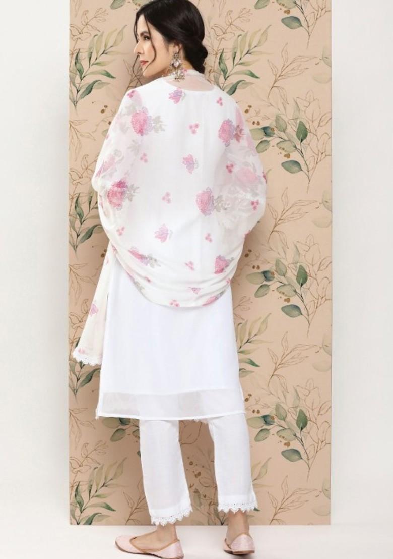 White Printed Blended Kurta Set - Indya