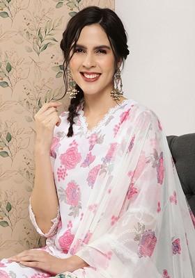 White Printed Blended Kurta Set