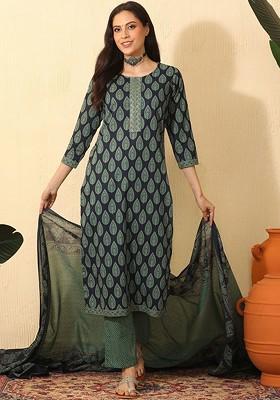 Navy Blue Printed Blended Kurta Set