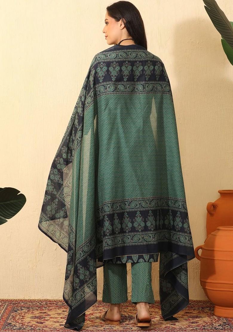 Navy Blue Printed Blended Kurta Set - Indya