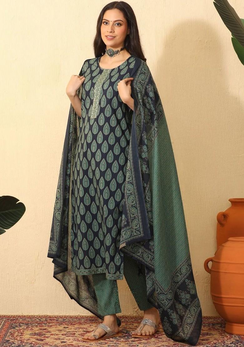 Navy Blue Printed Blended Kurta Set - Indya