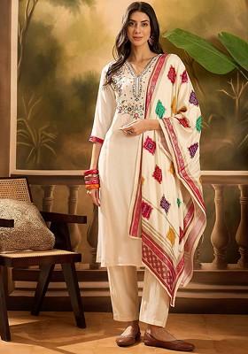 Cream Yoke Design Blended Kurta Set
