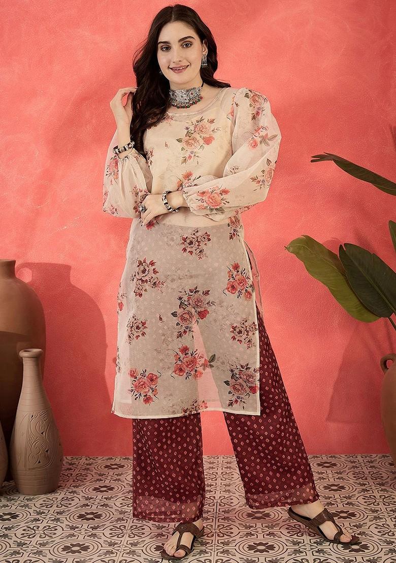Cream Printed Blended Kurta Set - Indya