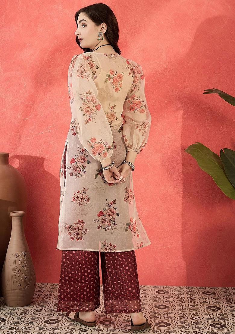 Cream Printed Blended Kurta Set - Indya