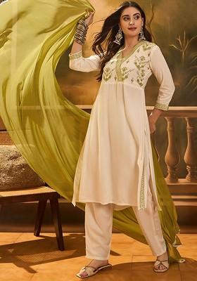 White Embroidered Blended Kurta Set