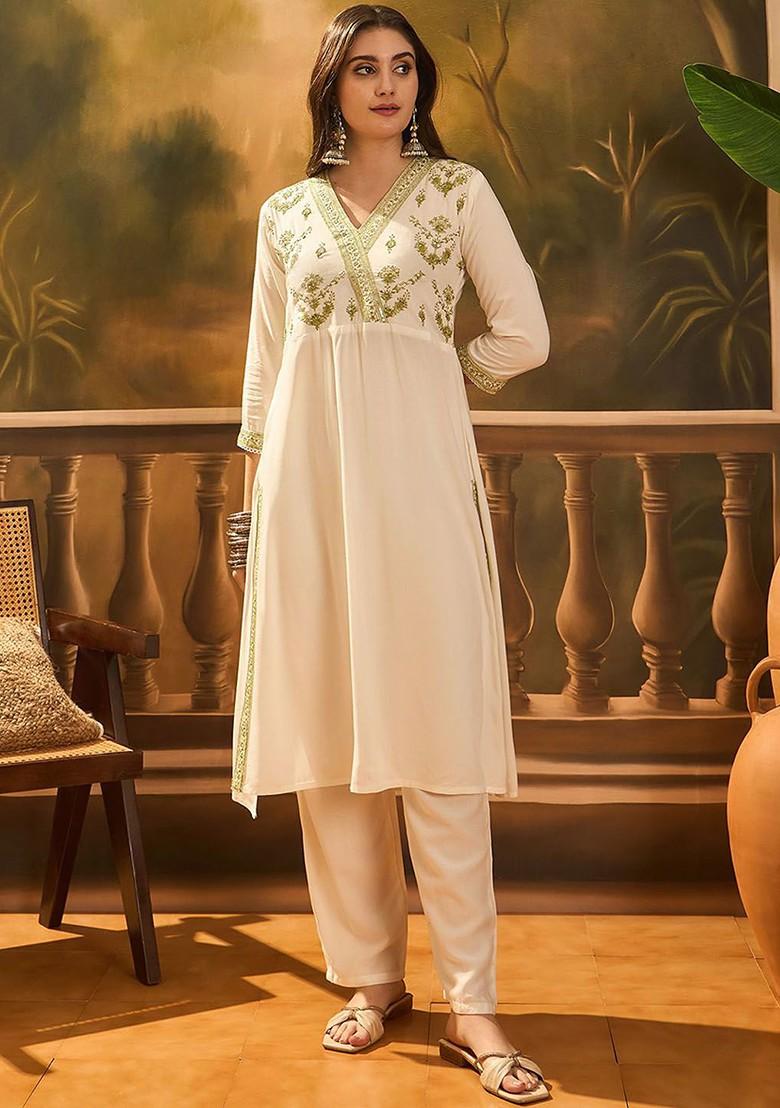 White Embroidered Blended Kurta Set - Indya