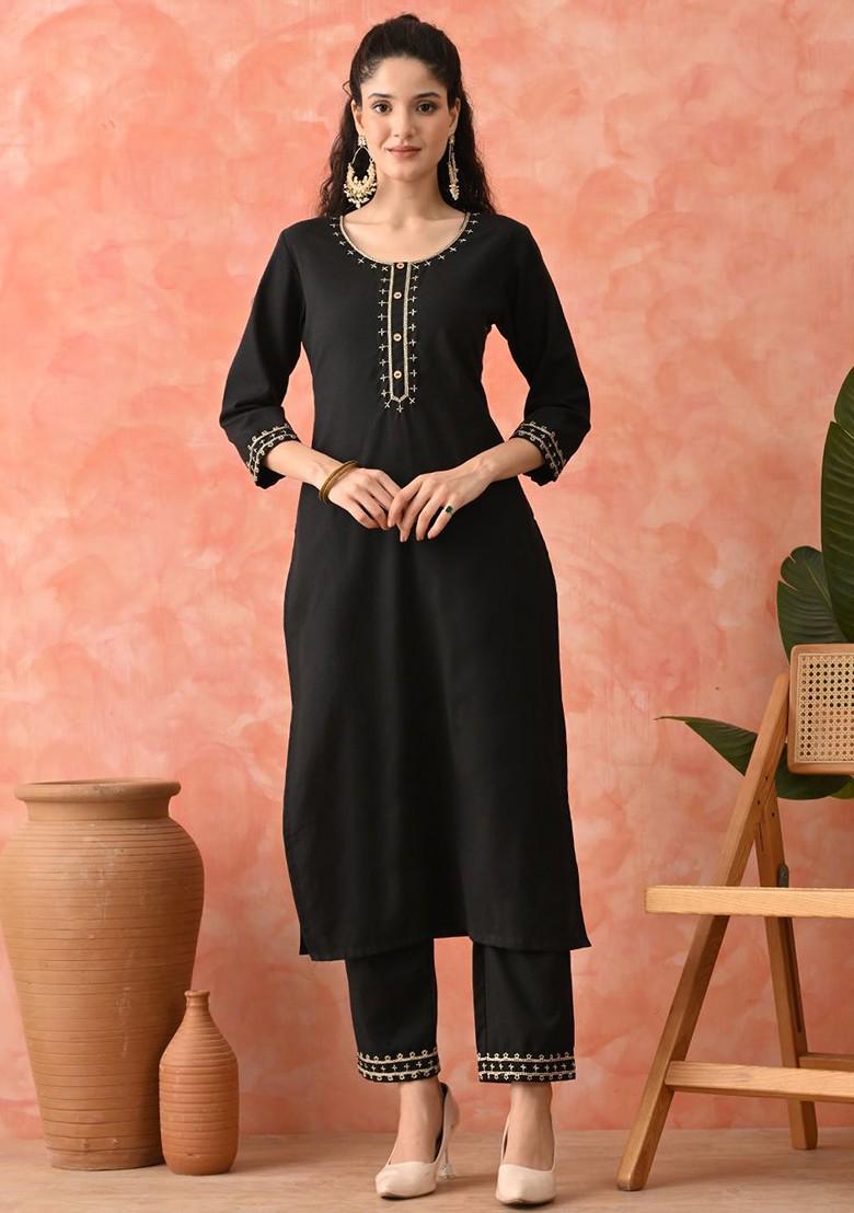 Black Embroidered Blended Kurta Set - Indya