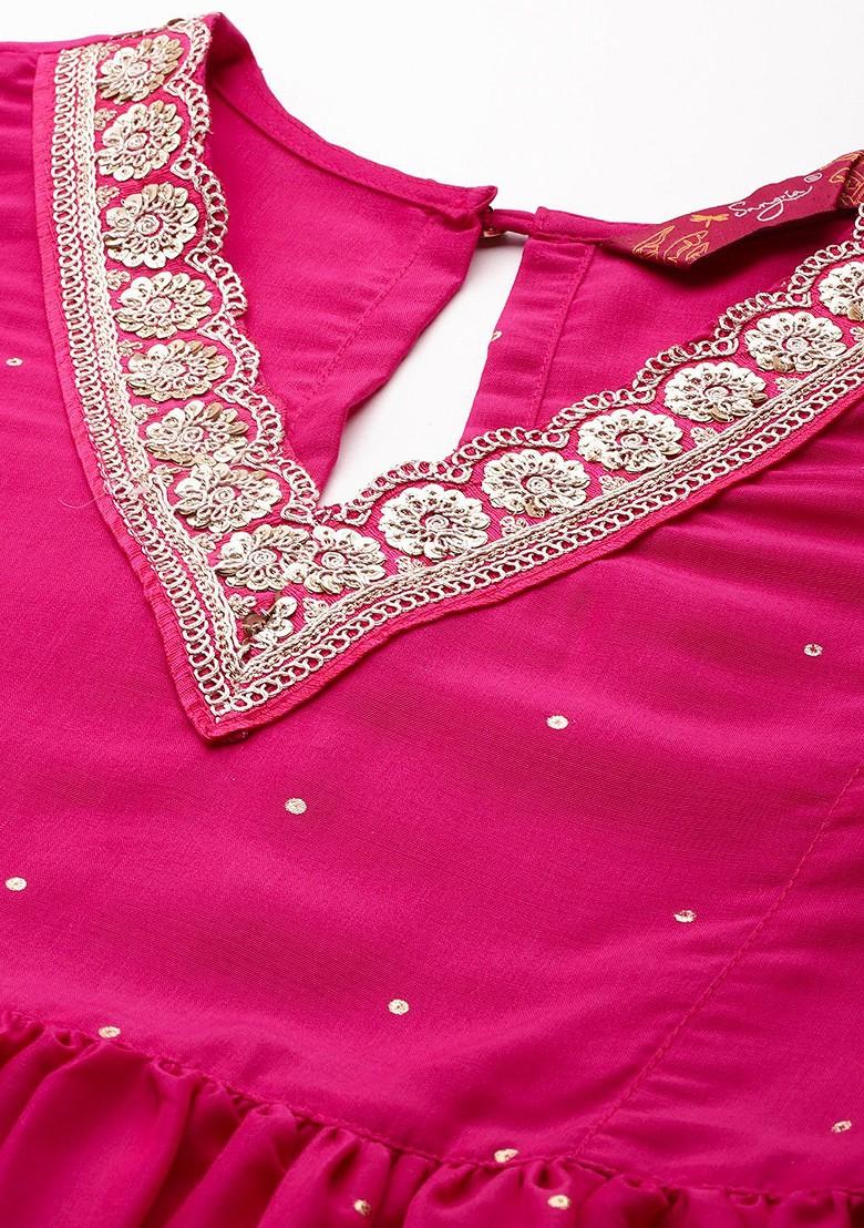 Fuchsia Printed Blended Kurta Set - Indya