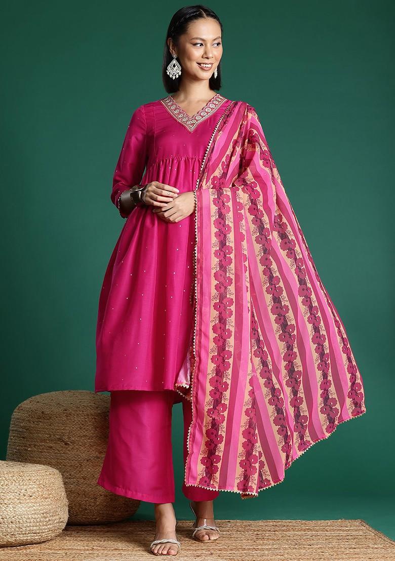 Fuchsia Printed Blended Kurta Set - Indya
