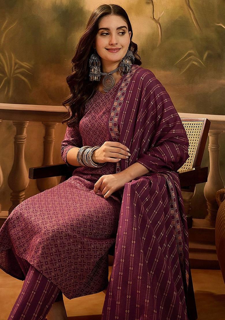 Maroon Woven Design Blended Kurta Set - Indya