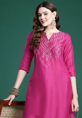 Pink Embroidered Blended Kurta Set