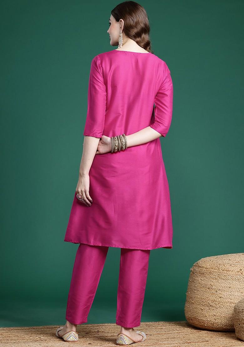 Pink Embroidered Blended Kurta Set - Indya