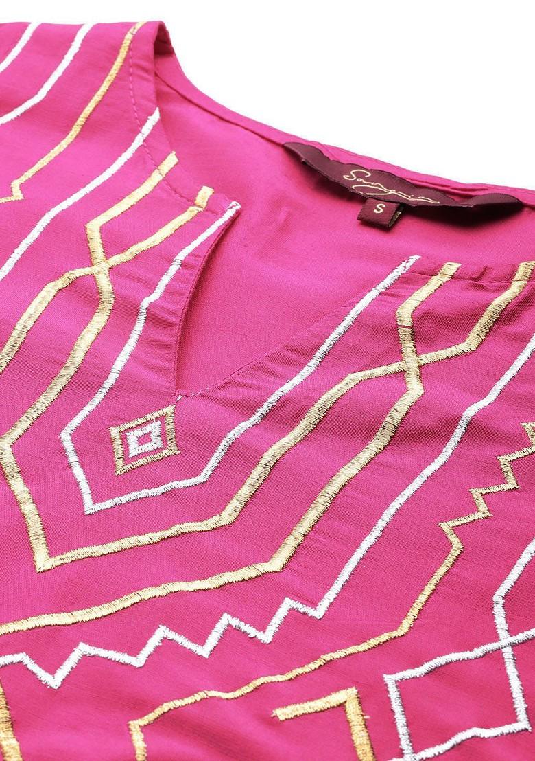 Pink Embroidered Blended Kurta Set - Indya
