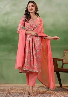 Peach Printed Blended Kurta Set