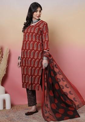 Maroon Printed Blended Kurta Set