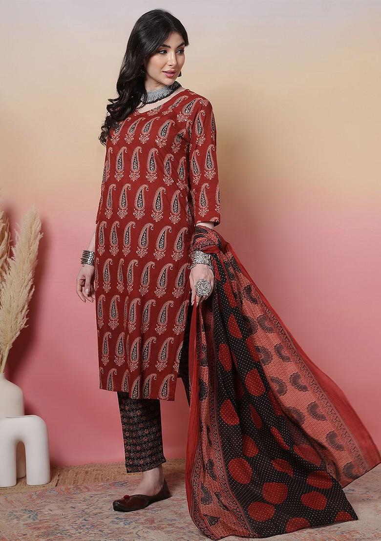 Maroon Printed Blended Kurta Set - Indya