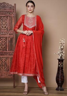 Red Printed Blended Kurta Set