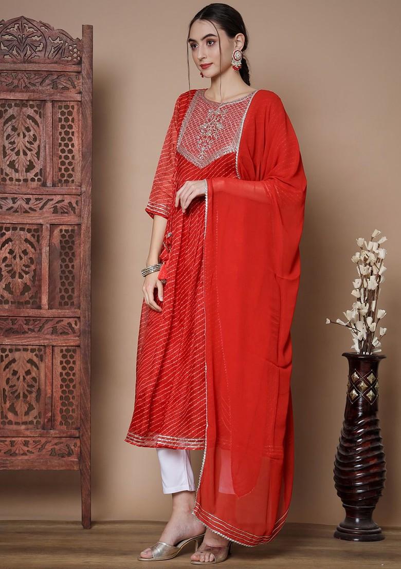 Red Printed Blended Kurta Set - Indya