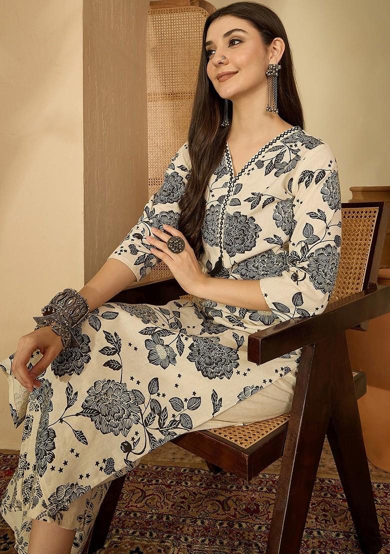 Cream Printed Blended Kurta Set - Indya