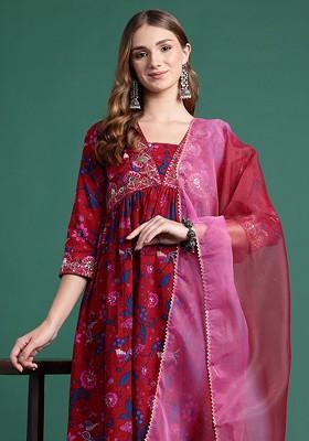 Red Printed Blended Kurta Set