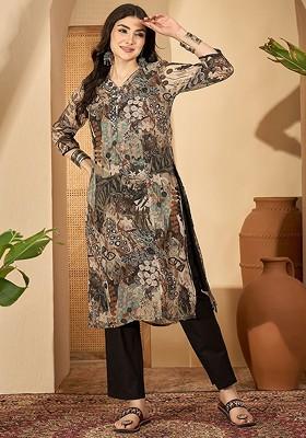 Grey Printed Blended Kurta Set