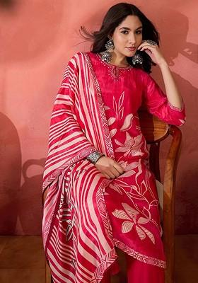 Peach Printed Blended Kurta Set
