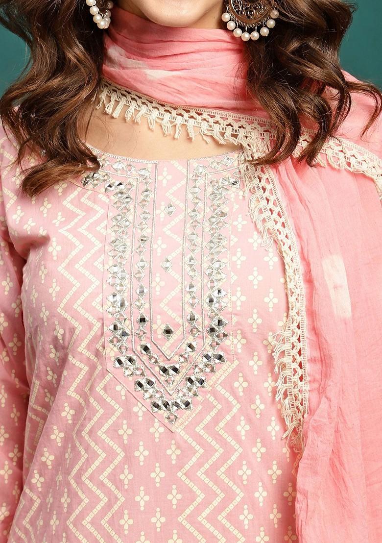 Pink Printed Blended Kurta Set - Indya