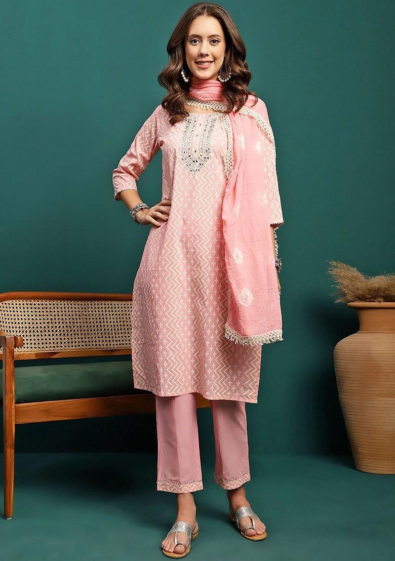 Pink Printed Blended Kurta Set - Indya
