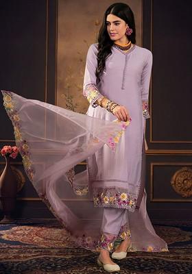 Lavender Embroidered Blended Kurta Set