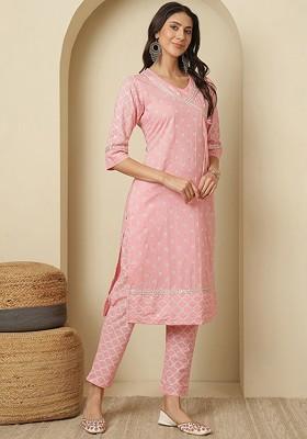 Pink Printed Blended Kurta Set