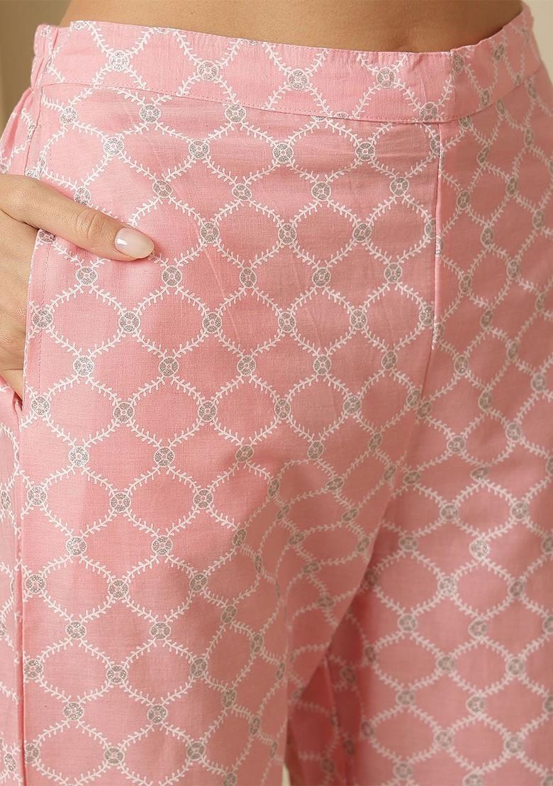 Pink Printed Blended Kurta Set - Indya