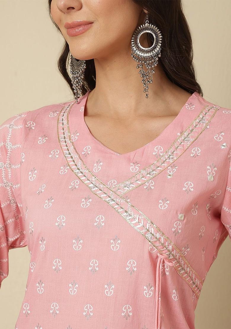 Pink Printed Blended Kurta Set - Indya