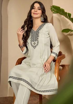 Grey Embroidered Blended Kurta Set