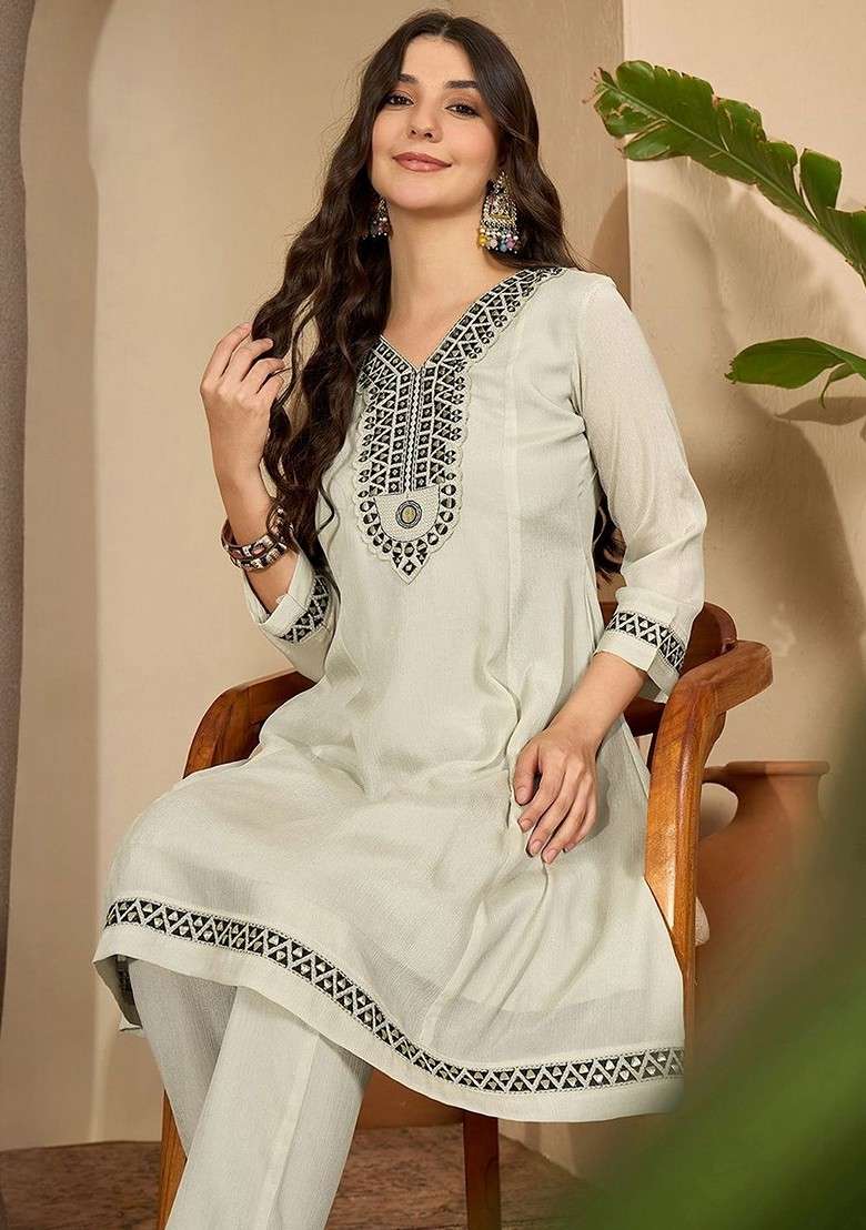 Grey Embroidered Blended Kurta Set - Indya