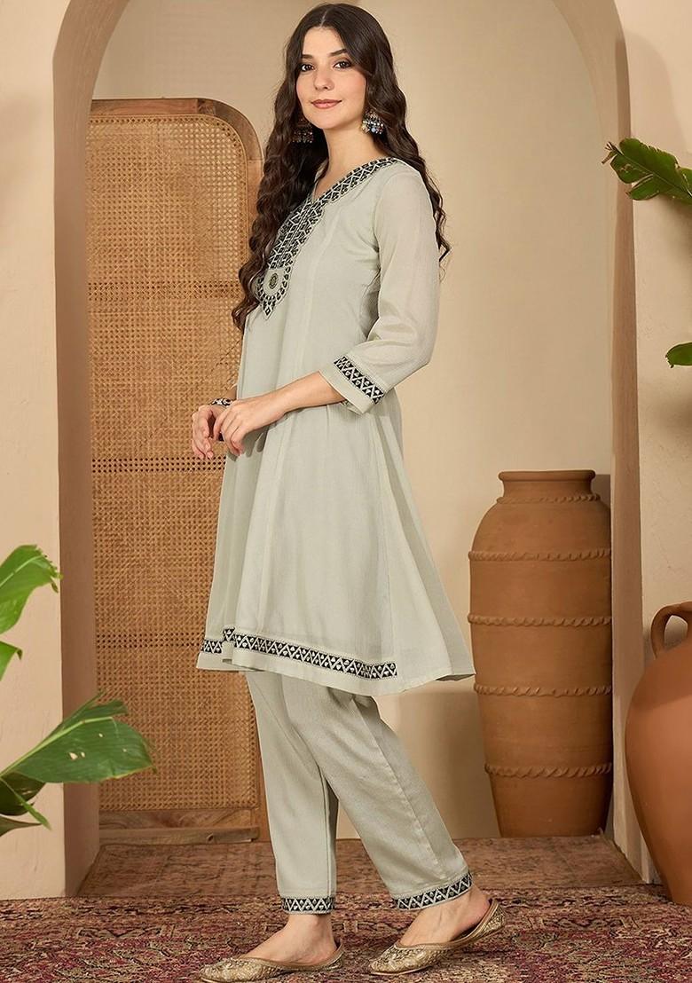 Grey Embroidered Blended Kurta Set - Indya