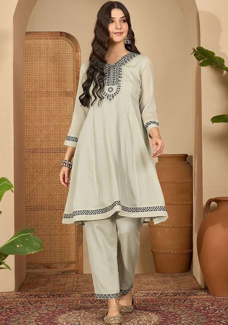 Grey Embroidered Blended Kurta Set - Indya