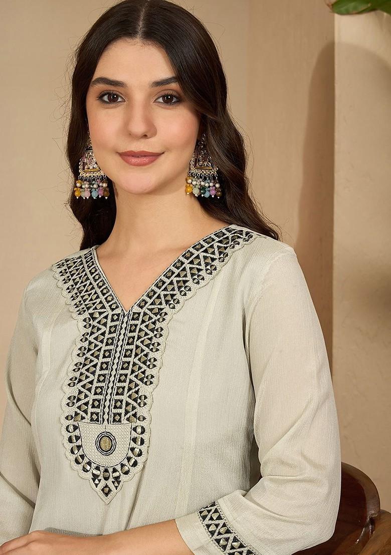 Grey Embroidered Blended Kurta Set - Indya