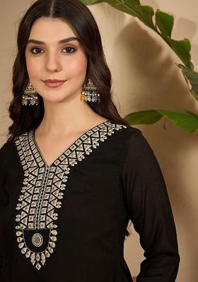 Black Embroidered Blended Kurta Set