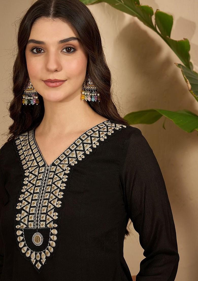 Black Embroidered Blended Kurta Set - Indya
