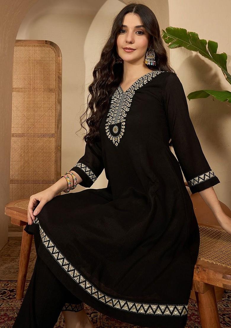 Black Embroidered Blended Kurta Set - Indya