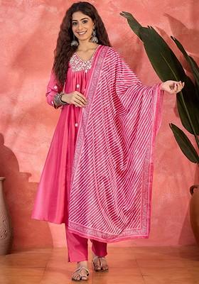 Pink Embroidered Blended Kurta Set