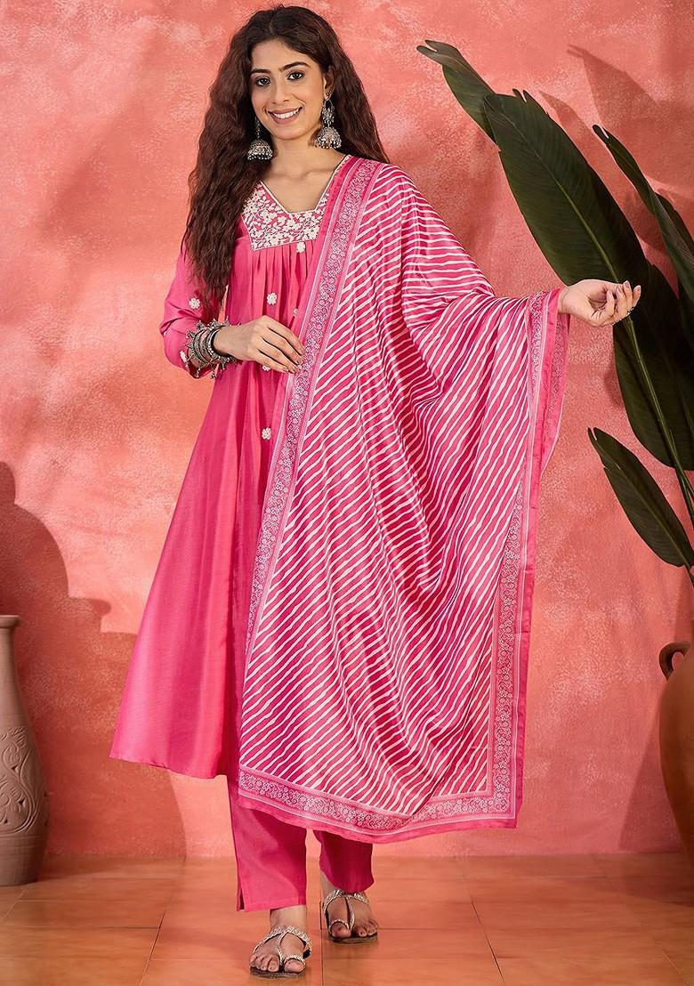 Pink Embroidered Blended Kurta Set - Indya