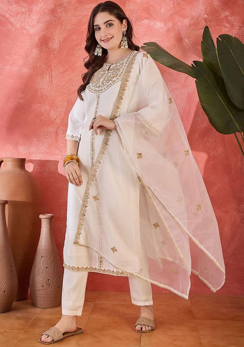 White Embroidered Blended Kurta Set - Indya