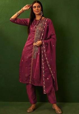 Purple Printed Blended Kurta Set