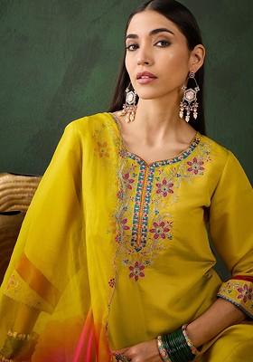 Yellow Embroidered Blended Kurta Set
